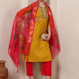 Nehamta Women Ethnic Motifs Embroidered Regular Kurta with Trousers & Dupatta-picture-46