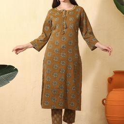 Sangria Women Ethnic Motifs Printed Regular Mirror Work Pure Cotton Kurta with Trousers-picture-19