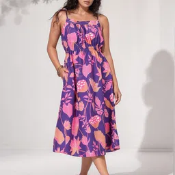 Fashfun Women Floral Print Linen Fit & Flare Midi Dress-38