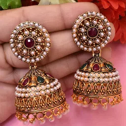 MEIRA JEWELLERY Gold-Plated Artificial Stones Studded Contemporary Jhumkas-picture-46