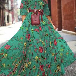 KPOP Women Floral Printed Puff Sleeve Fit and Flare Maxi Dress-image-41