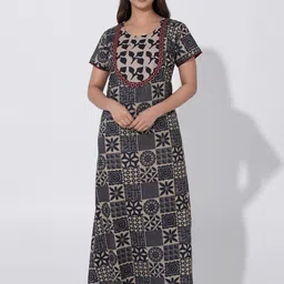 Maybell Women Batik Printed Cotton Nightwear with Foil Mirror Embroidery-picture-25