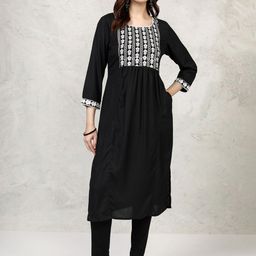 Vishudh Black Floral Embroidered Thread Work Round Neck Straight Kurta-image-58