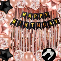 Solid Happy Birthday Balloons Decoration Kit 68 Pcs, 1 set of Black "Happy Birthday" 13pcs alphabet Banner and 50pcs HD Metallic balloons(Rose Gold) and 8Pcs Rose Gold Confetti Balloons, 5Pcs of Star Balloons (3 Rose Gold, 2 Black) with 1Pc Glue Dot, 1Pc Arch Strip with 2Pcs of Rose Gold Curtains for Kids Wife Girl Birthday Balloons Decorations Items Combo with Happy Birthday Banner, 1st Birthday Latex Metallic Balloons Balloon (Multicolor, Pack of 68)-10