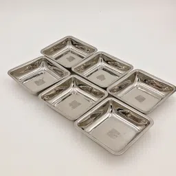 Steel Set of 6 Pcs Microwave Safe Plate for Chat/Snack/Appetizer/Pani Puri, Square Shape, (Silver , 6 Pcs) Quarter Plate-6