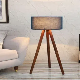 pristine interiors Illumi E-27 Holder Walnut Finish Mango Wood Tripod Floor Lamp with Blue Colour Cotton Shade-picture-20