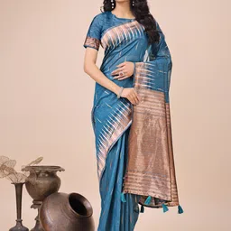 DIVASTRI Women Abstract Printed Zari Linen Blend Saree-13