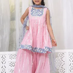 Little Bansi Girls Ethnic Motifs Embroidered Regular Sequinned Pure Cotton Kurta with Sharara & With Dupatta-picture-8