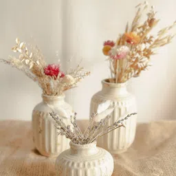 ArteCasa The Rustic Pottery Family Beige & Brown 3 Pieces Striped Vases With With Bunch-picture-9