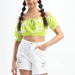 SZN Lime Lush Floral Printed Puff Sleeve Bardot Crop Top-image-24