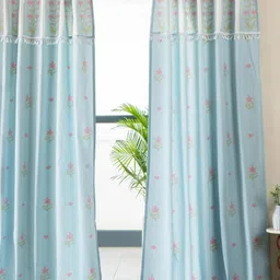 Tranquebar Home Set of 2 Turquoise Blue Ethnic Motifs Sheer Cotton Door Curtains-picture-36