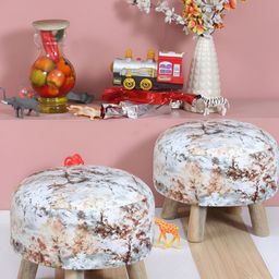 Shadowkart 2 Pcs White & Brown Printed Wooden Pouffe Ottoman-image-54