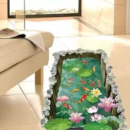 Asian royal Pink & Green Fish Pond Printed Waterproof Wall Sticker-image-70