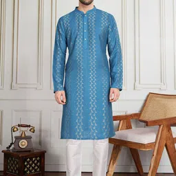 House of Pataudi Striped Sequinned Embroidered Straight Kurta With Trousers-picture-33