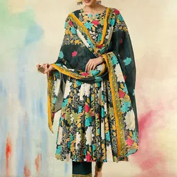 KIMAYRA Floral Printed Notch Neck Pure Cotton Anarkali Kurta With Trousers And Dupatta-20