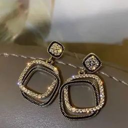 CareDone Korean Gold-Plated Rhinestone Studded Square Shaped Drop Earrings-picture-2