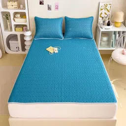 JC HOME Blue Geometric 160 TC Fitted King Bedsheet with 2 Pillow Covers-image-97