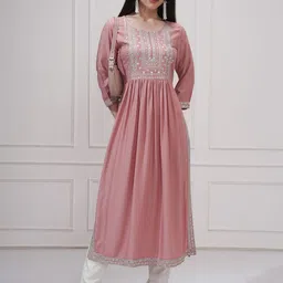 Vishudh Floral Yoke Design Round Neck Pleated Thread Work A-Line Kurta-picture-35