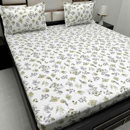 Pure Decor White & Green Floral 350 TC Queen Bedsheet with 2 Pillow Covers-image-64