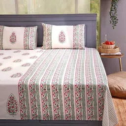 JAYPORE White & Green Floral Printed 120 TC King Bedsheet Set-image-9
