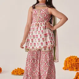 pspeaches Girls Floral Printed Angrakha Top with Sharara & With Dupatta-image-34