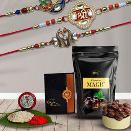 DeoDap Multicoloured 3 Designer Rakhis Gift Set with Chocolate & Silver Coin-image-27