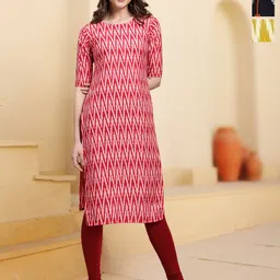 HERE&NOW Selection Of 3 Chevron Printed Round Neck Straight Kurta-image-44