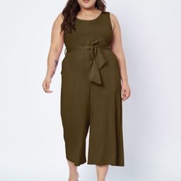 BRINNS Plus Size Round Neck Waist Tie-Ups Pure Cotton Basic Jumpsuit-image-50