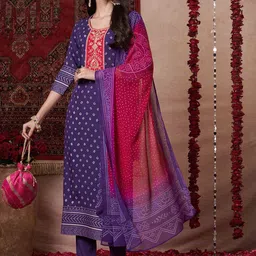 Anni Designer Bandhani Printed Round Neck Straight Kurta With Trouser And Dupatta image 5