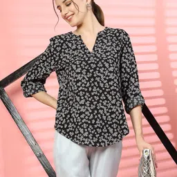 EVERYDAY by ANI Floral Print Mandarin Collar Roll-Up Sleeves Applique Crepe Top-image-92