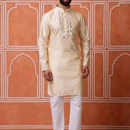 Vardha Men Embroidered Mirror Work White Romance Jacquard Kurta-image-11