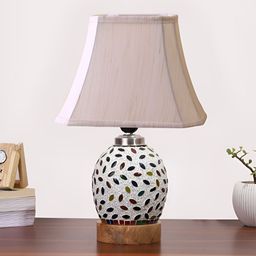 Devansh Off White Textured Wooden Rectangular Shaped Table Lamp With Mosaic Glass Base image 5
