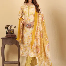 Larqi Floral Printed Sweetheart Neck Pure Cotton Straight Kurta & Trousers With Dupatta-picture-11