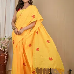 PuJoy Floral Embroidered Pure Cotton Designer Taant Saree-image-93