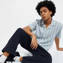 max Men Cuban Collar Vertical Striped Cotton Casual Shirt-image-71