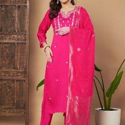 Moda Rapido Women Ethnic Motifs Embroidered Thread Work Chanderi Silk Kurta with Trousers-picture-44