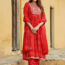 KALINI Women Bandhani Embroidered Regular Thread Work Pure Cotton Kurta with Trousers & With Dupatta-18