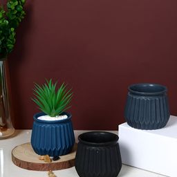TAYHAA Midnight Elegance Black & Blue 3 Pieces Textured Ribbed Ceramic Flower Planters-20