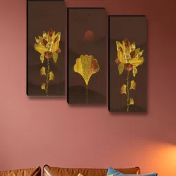 SAF Yellow & Brown 3 Pieces Abstract Synthetic Wood Wall Paintings-14