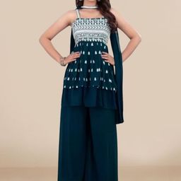 PARROT CREATION Women Embroidered Regular Sequinned Kurti with Sharara & With Dupatta image 5
