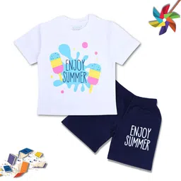 WORTON FASHION Kids White & Blue Printed Round Neck Cotton T-shirt With Shorts-picture-8