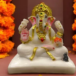 Vrinban International White And Gold-Toned Religious Ganesha Idol Marble Showpiece-image-45