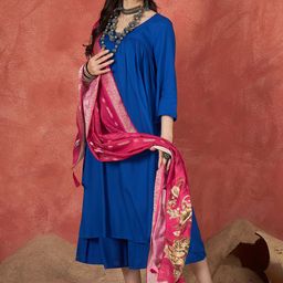 InWeave Women Solid A-Line Kurta with Palazzos & Dupatta-image-80