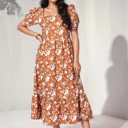 Murcia Women Floral Print Puff Sleeve Peplum Midi Dress-image-48