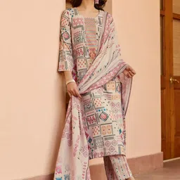KALINI Ethnic Motifs Printed Pure Cotton Straight Kurta With Trousers & Dupatta-12