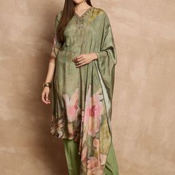 all about you Green Floral Printed Mirror Work Straight Kurta With Trousers & Dupatta-39
