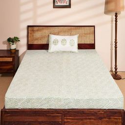 Fabindia Green & White Floral 180 TC Single Bedsheet with 1 Pillow Covers-picture-14