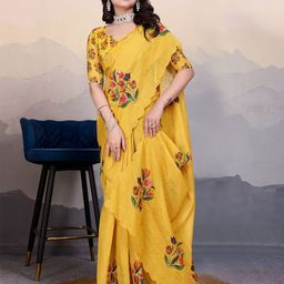 Sadika Floral Print Aari Work Linen Blend Arani Saree-picture-15