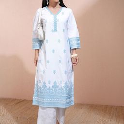 Vishudh White Floral Embroidered V-Neck Three-Quarter Sleeves Regular Straight Kurta-picture-9