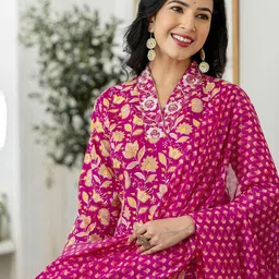 SKYLEE Women Floral Printed Regular Sequinned Kurta with Trousers & With Dupatta image 3